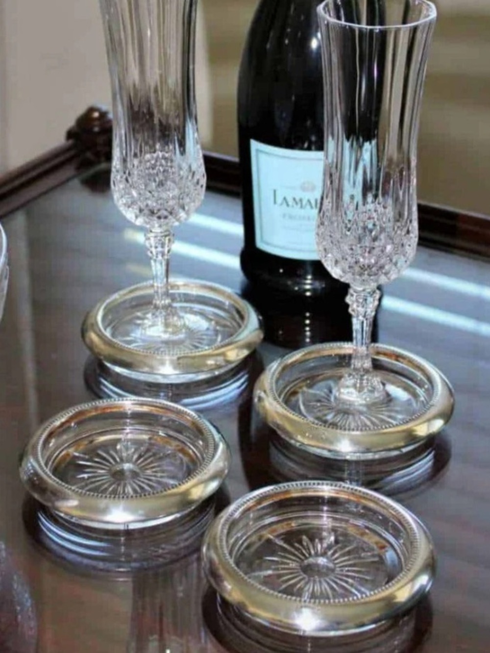 60s 70s Vintage Leonard Silverplate & Glass Coasters Ashtray Set of 4 #1